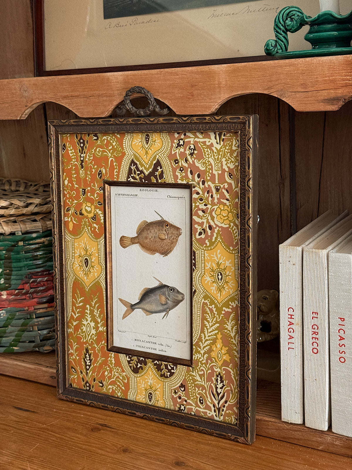 Antique French Hand-Colored Fish Engraving, in Vintage Wallpaper